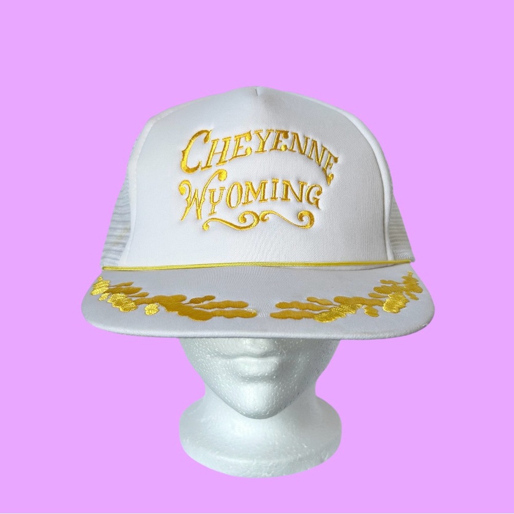 Vintage 70s Cheyenne Wyoming Trucker Mesh Hat Snapback Rope Band